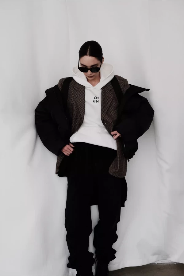 Three: Black skirt and jacket, white shirt